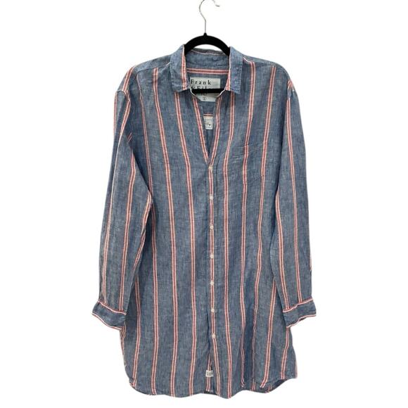 Frank & Eileen Mary Classic Shirtdress Italian Linen Red Navy Stripe Size Large - Picture 6 of 14